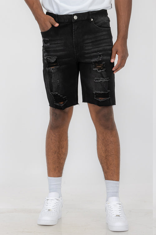 Men’s Distressed Denim Shorts – Above-the-Knee Streetwear Style with Raw Edge Finish