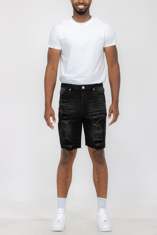 Men’s Distressed Denim Shorts – Above-the-Knee Streetwear Style with Raw Edge Finish