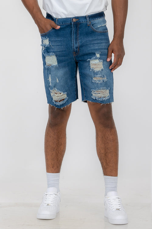 Raw Edge Denim Shorts – Men’s Distressed Above-the-Knee Streetwear