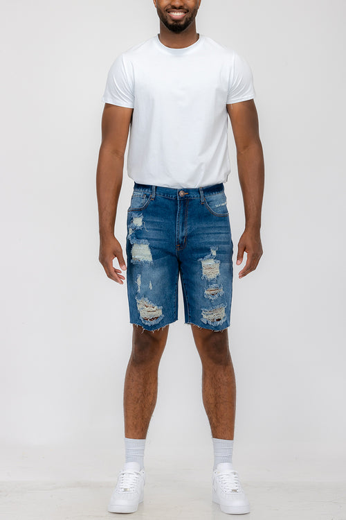 Raw Edge Denim Shorts – Men’s Distressed Above-the-Knee Streetwear