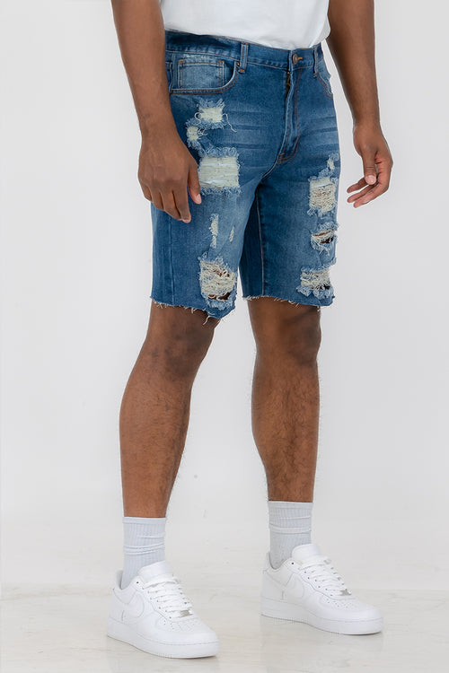 Raw Edge Denim Shorts – Men’s Distressed Above-the-Knee Streetwear